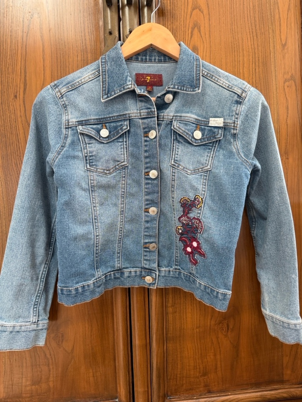 7 For All Mankind Light Blue Denim Jean Jacket with Red Patch